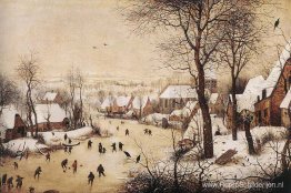 Winterlandschap met schaatsers en een vogelval