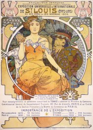 Art nouveau kleurenlithoposter met een zittende vrouw die de han