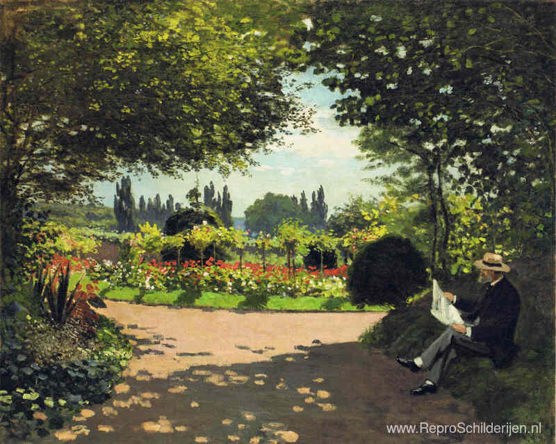 Adolphe Monet leest in de tuin