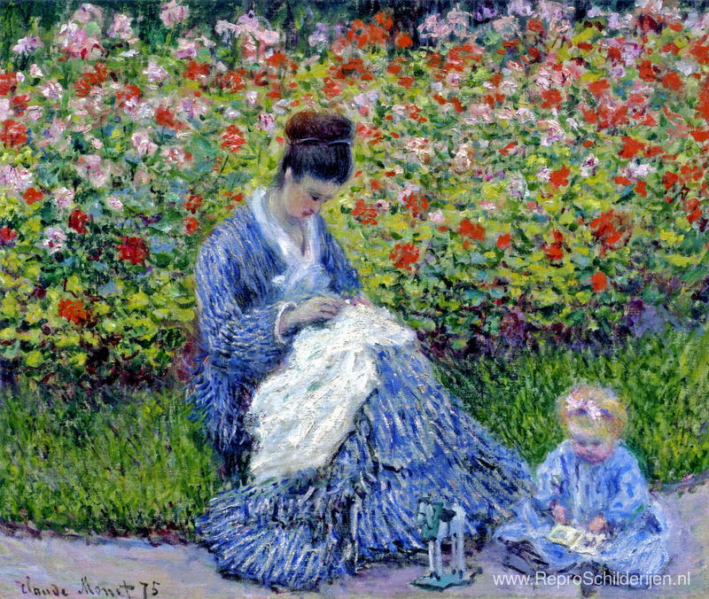 Camille Monet en een kind in de kunstenaarstuin in Argenteuil