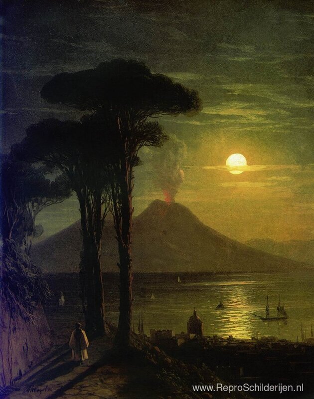 De baai van Napels bij maanverlichte nacht. Vesuvius